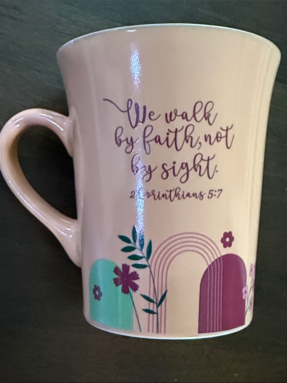 Pink Inspirational Ceramic Mug with Floral Rainbow Design